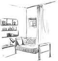 Children room.Graphic black white interior sketch vector. Bedroom