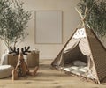 Children room interior scandinavian style with mock up frame on wall background Royalty Free Stock Photo