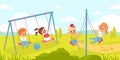 Children rope swings. Funny kids play outdoor, fly back and forth different types seesaws, boys and girl activity on