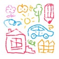 Children rough linear drawing set. Child paint house, car, tree , flower, apple and sun scribbling crayons, color pencil Royalty Free Stock Photo