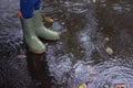 Children rubber boots in an autumn puddle in the rain Royalty Free Stock Photo