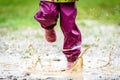 Children in rubber boots and rain clothes jumping in puddle. Royalty Free Stock Photo