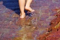 Children run in the water of the city fountain, close view of the feet