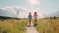 Children is running in clean solar energy farm for renewable concept.