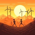 Children are running in Nature with Renewable Wind turbine Energy plant, with sun rising. Royalty Free Stock Photo