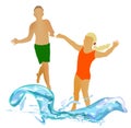 Children running in the summer to water