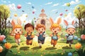 Children running to pick up eggs on easter egg hunt. Cartoon illustration. By generative Ai Royalty Free Stock Photo