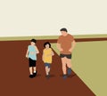 Children running on track at stadium with coach. Outdoor activity, sport,