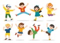 Children`s activities. Happy kids jumping together on the background. Boys and girls are playing together happily.
