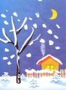 Children`s application winter, night in the village