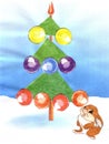 Children`s appliqu hare near the Christmas tree Royalty Free Stock Photo