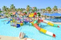 Children`s aqua park zone with sliders and pool Royalty Free Stock Photo