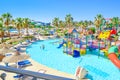 Children`s aqua park zone with sliders and pool