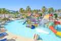 Children`s aqua park zone with sliders and pool Royalty Free Stock Photo