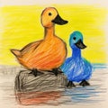 Vibrant Ducks On Rock: Child\'s Drawing With Azure And Amber Colors