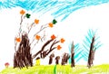 Children`s autumn trees, drawing pencil