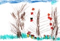 Children`s autumn trees, drawing pencil