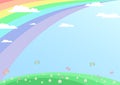 Children`s background, lawn with flowers and butterflies, in the blue sky the sun and the rainbow Royalty Free Stock Photo