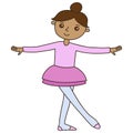 Childrens ballet classes. Dark skinned little ballerina in pink costume makes her exercises