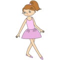 Childrens ballet classes. Little ballerina in pink costume makes her exercises