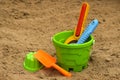 Children`s beach sand toys. Kids concept. Plastic children`s toys Royalty Free Stock Photo