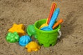 Children`s beach sand toys. Kids concept. Plastic children`s toys Royalty Free Stock Photo