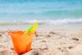 Children`s beach toys - buckets, spade and shovel on sand on a sunny day. Royalty Free Stock Photo