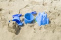 Children`s beach toys and sand castle Royalty Free Stock Photo