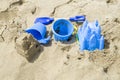 Children`s beach toys and sand castle Royalty Free Stock Photo