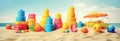 Children\'s beach toys on sand on seaside over blue sky. Summer vacation background. Created with generative Ai