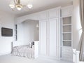 Children`s bedroom with a bed in a classic style, with large wardrobes for children`s clothes