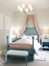 Children`s bedroom with a large bed, a large window, bedside tables with books, a canopy above the bed, the interior color is