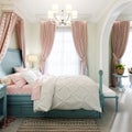 Children`s bedroom with a large bed, a large window, bedside tables with books, a canopy above the bed, the interior color is