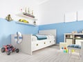 Children`s bedroom with a white bed in the room and a shelf with