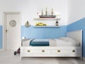 Children`s bedroom with a white bed in the room and a shelf with
