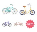 Children`s bicycle, a double tandem and other types.Different bicycles set collection icons in cartoon style vector Royalty Free Stock Photo