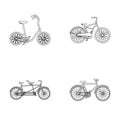 Children`s bicycle, a double tandem and other types.Different bicycles set collection icons in outline style vector Royalty Free Stock Photo