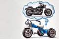 A children's bike dreams of a motorcycle. Space for text. Royalty Free Stock Photo