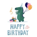 Children\'s birthday card with a dinosaur in a festive cap Happy dinosaur with a balloon, gifts and a cake.