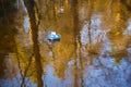 Children`s boat blue goes on the golden water Royalty Free Stock Photo