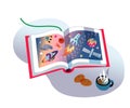 Children`s book on astronomy, open pages with images of planets