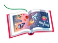 Children`s book on astronomy, open pages with images of planets