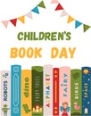 Children\'s book day poster for advertising. Vertical poster for kids book day with different books for children. Advertising