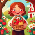 Children\'s book illustration of a little smiling girl with a basket full of fruits on the garden. Close-up pastel drawing Royalty Free Stock Photo
