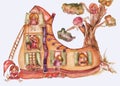 Children`s book illustration. Watercolor cute shoe house with windows, roof and tree behind and a lot of kids, cozy