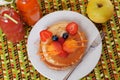 Children's breakfast pancakes smiling face of the cat, kitten, strawberry blueberry and apricot, cute food, honey