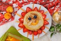 Children's breakfast pancakes smiling face of the Royalty Free Stock Photo