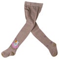 Children`s brown tights, as if walking, with a pattern of a kitten, on a white background, isolate