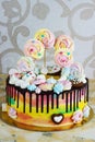 Children`s cake rainbow color on a white background with wood meringue