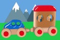 Children`s car with a trailer and passengers. Weekend trip to the mountains in the countryside, travel, vector Royalty Free Stock Photo